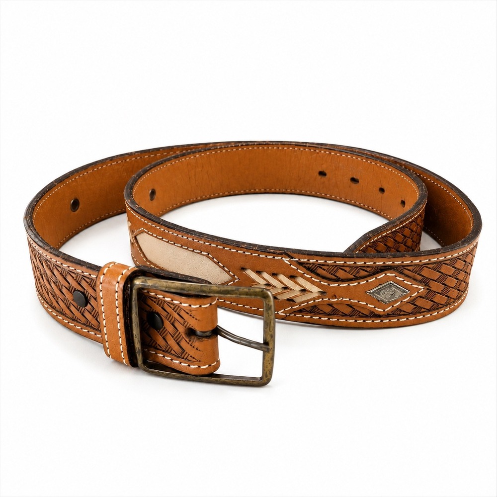 Tex Tan Western CowBasketweave Belt Mens 40 Brown Laced Leather USA Vintage‎